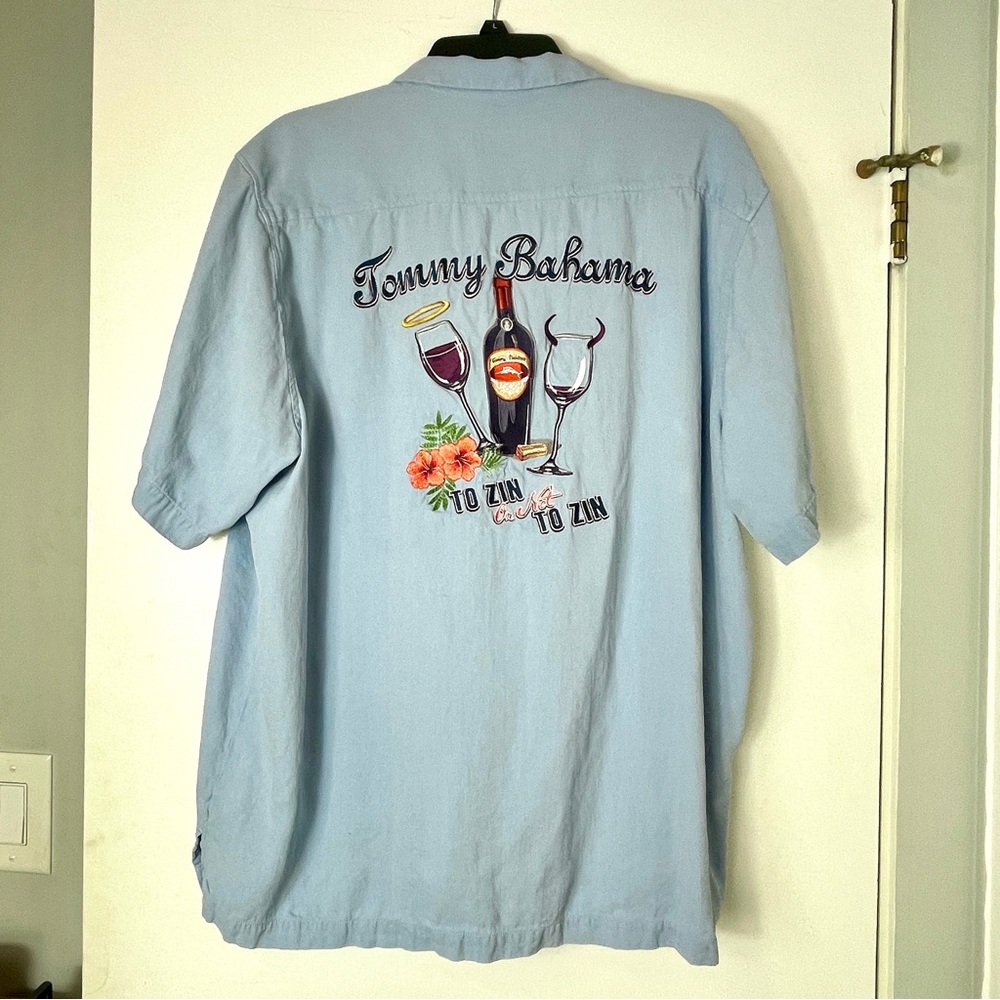 Tommy Bahama To Zin or not to Zin 100% silk embroidered button up shirt